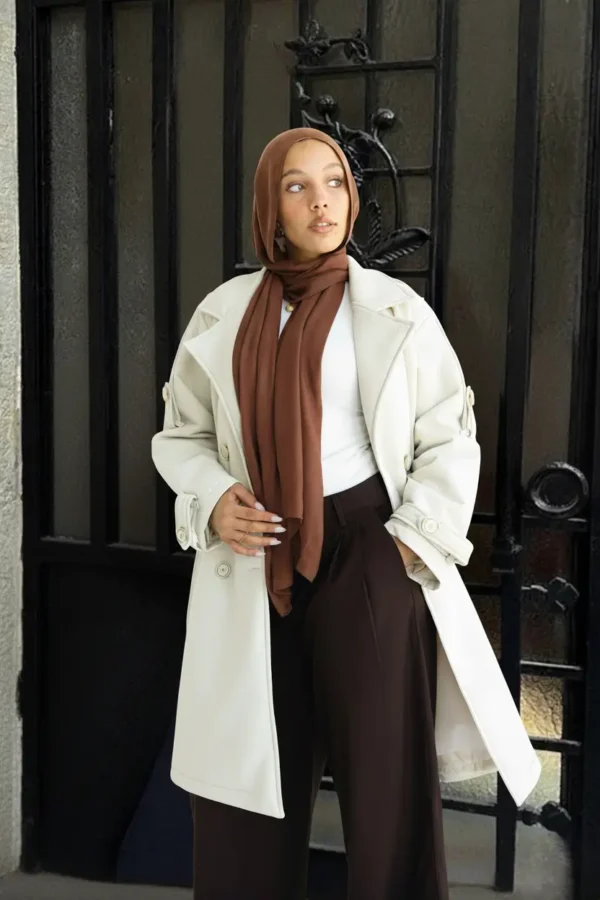 premuim light beige coat outdoor shot premium leather coat